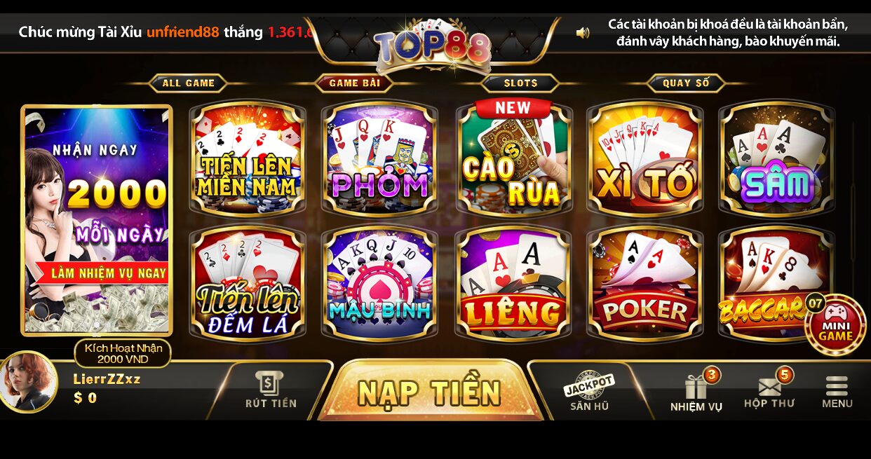 Top88 có kho game cực kỳ đa dạng và phong phú