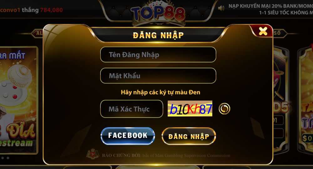 Giao diện đăng nhập của Top88